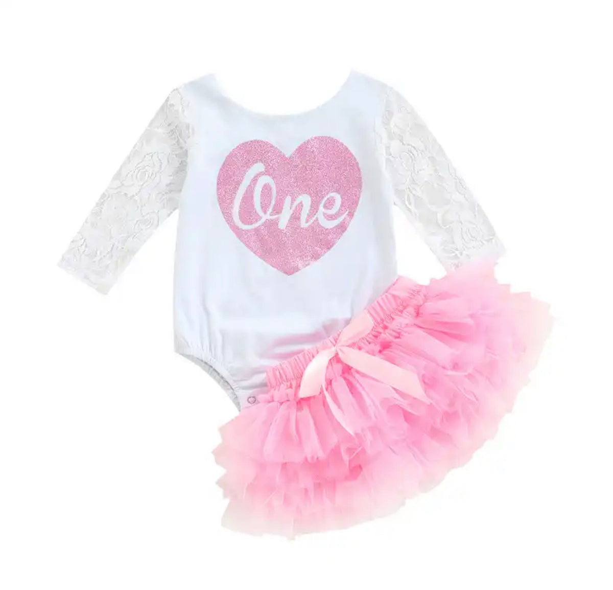 Pink Love Heart Lace Long Sleeve First Birthday Outfit