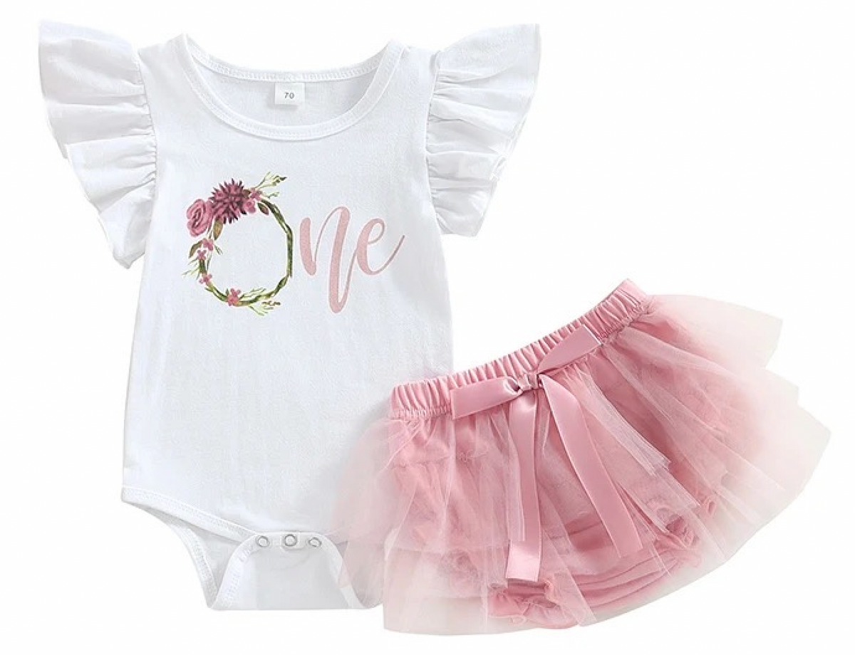 Flower Heart Short Sleeve First Birthday Outfit
