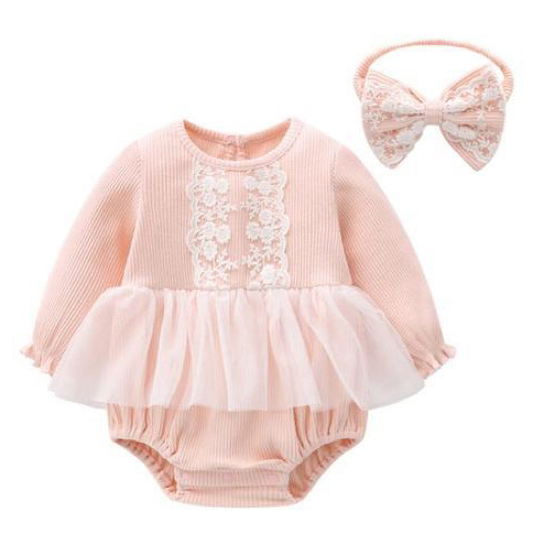 Pink Ribbed Tuelle Romper + Matching Headbow