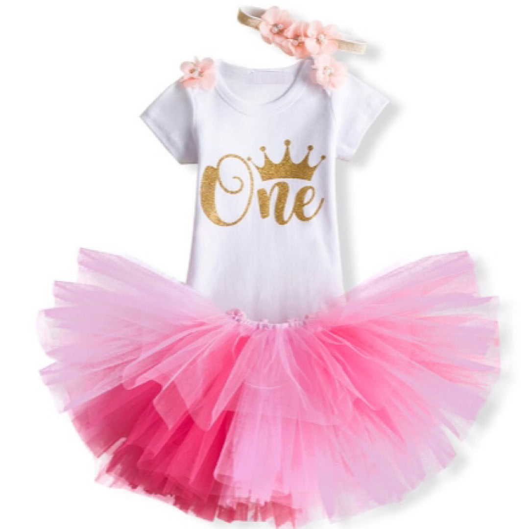 Pink Crown First Birthday Outfit