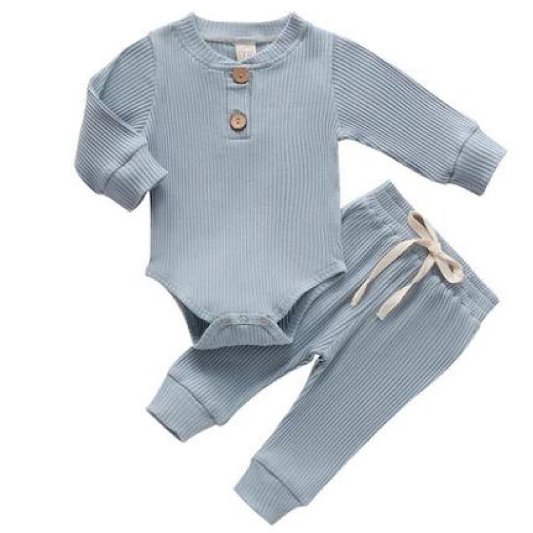 Sky Blue Ribbed Bodysuit & Tracksuit Pants Set