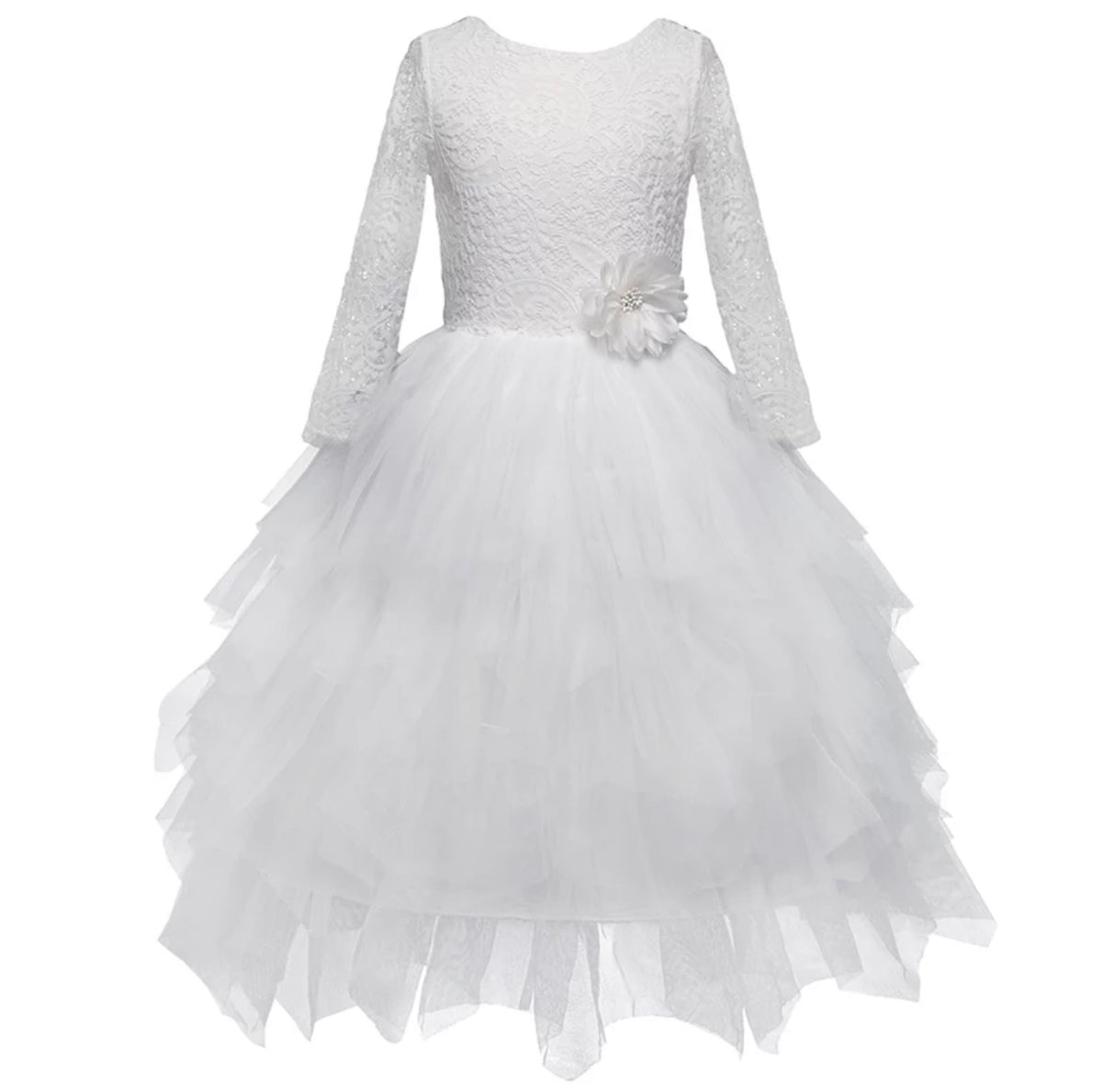 White Long Sleeved Lacey Tulle Dress