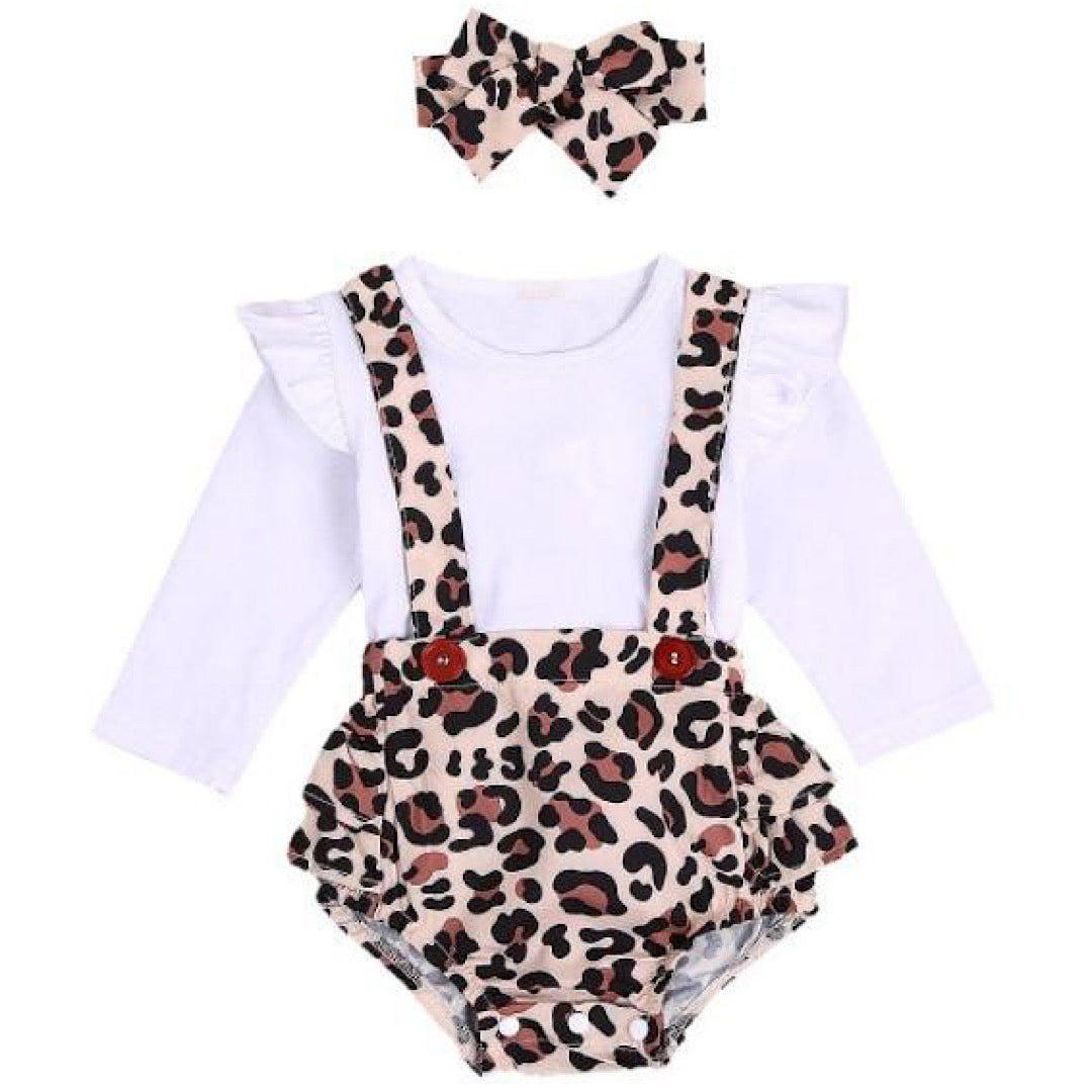 Long Sleeve Leopard Print Suspender Romper Set