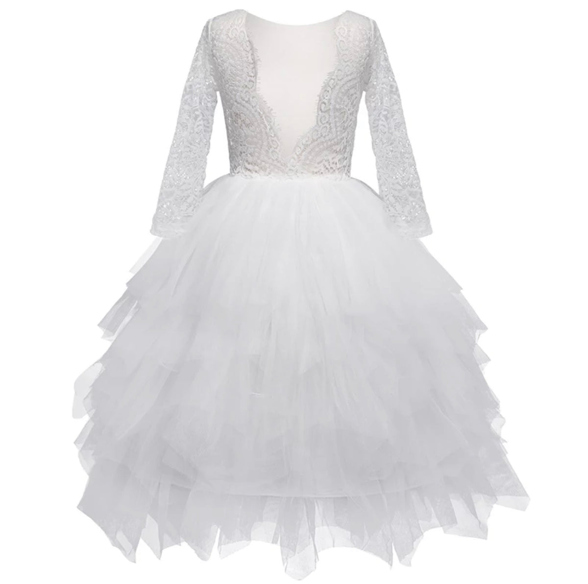 White Long Sleeved Lacey Tulle Dress