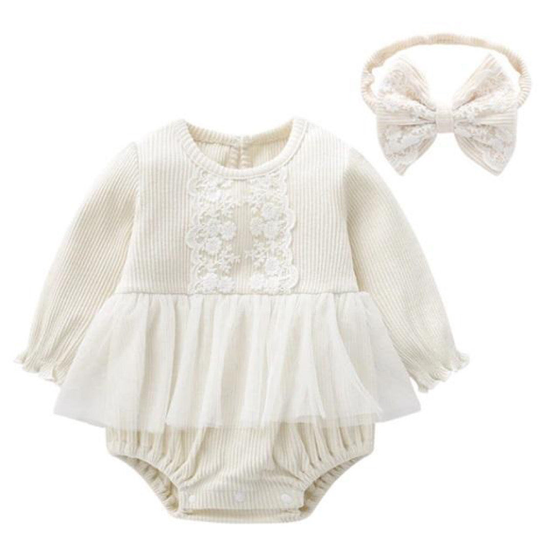 White Ribbed Tuelle Romper + Matching Headbow