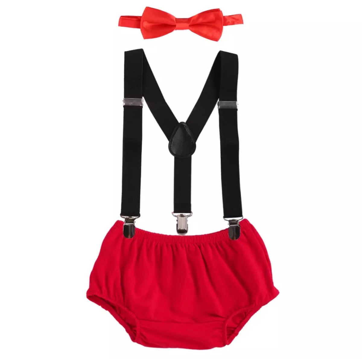 Red & Black Suspenders, Shorts & Bowtie Set - Lullaby Lane Designs