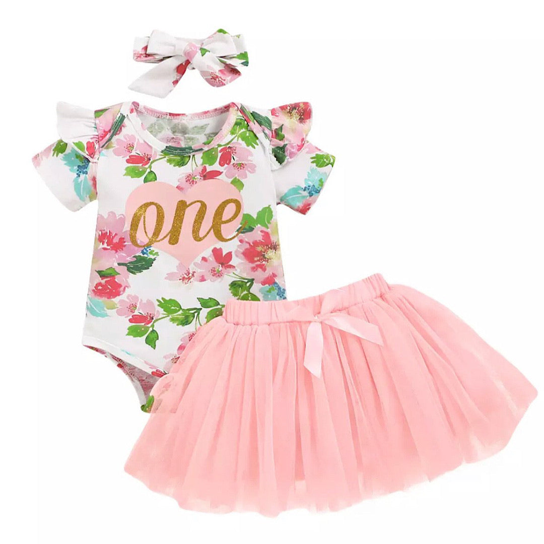 Floral Three Piece First Birthday Outfit
