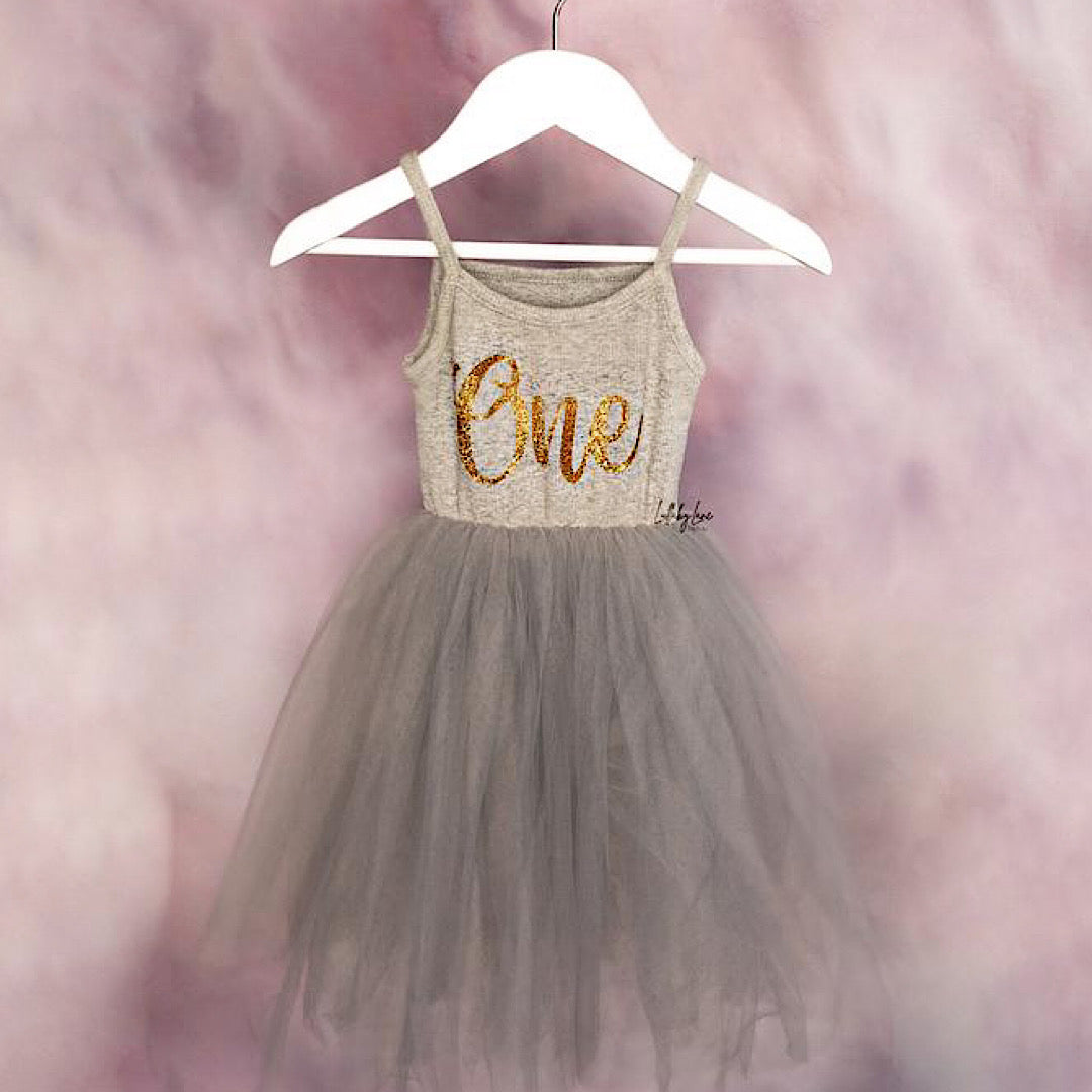 Smokey Grey Tulle First Birthday Dress - Lullaby Lane Couture