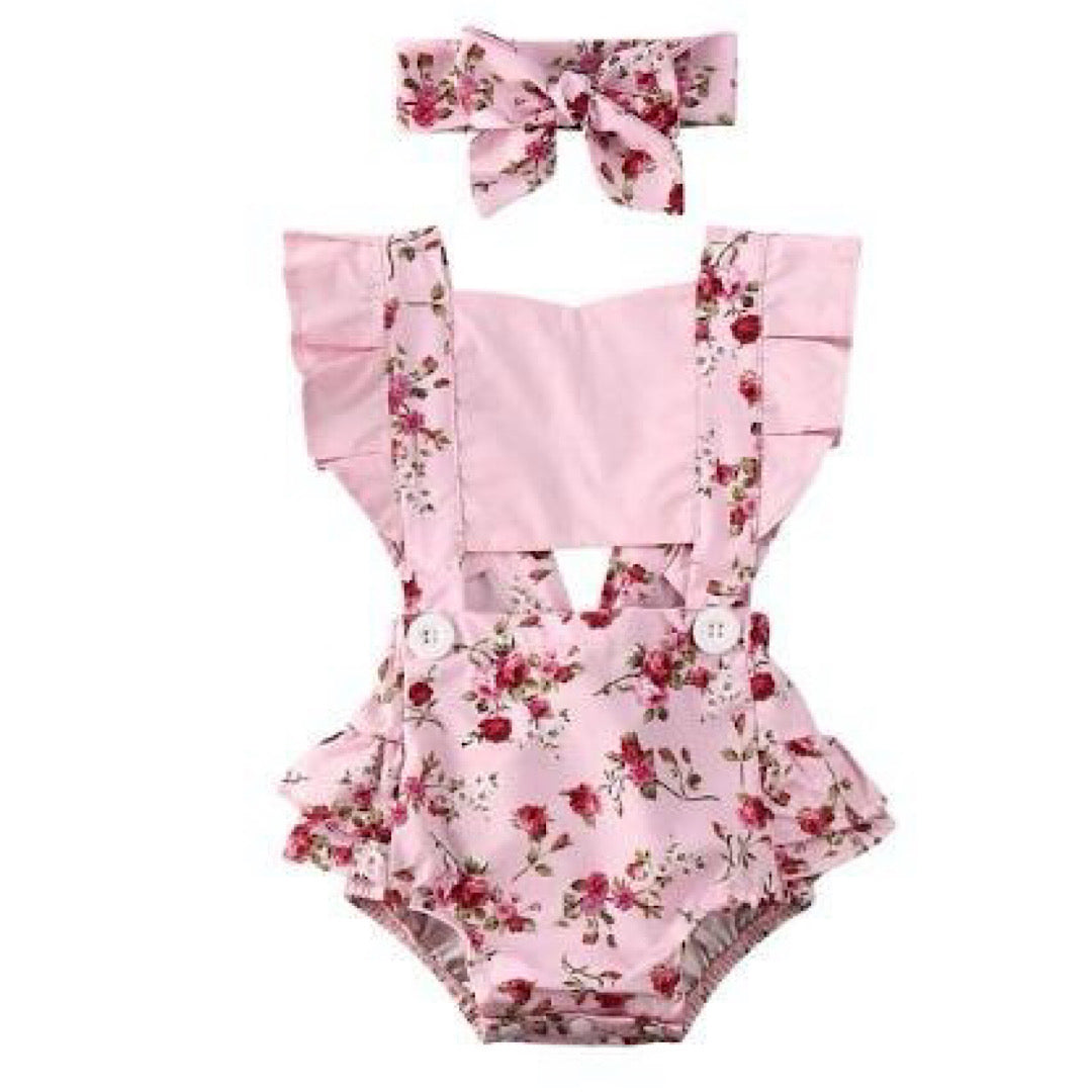 Pink Floral Button Romper with Matching Headband