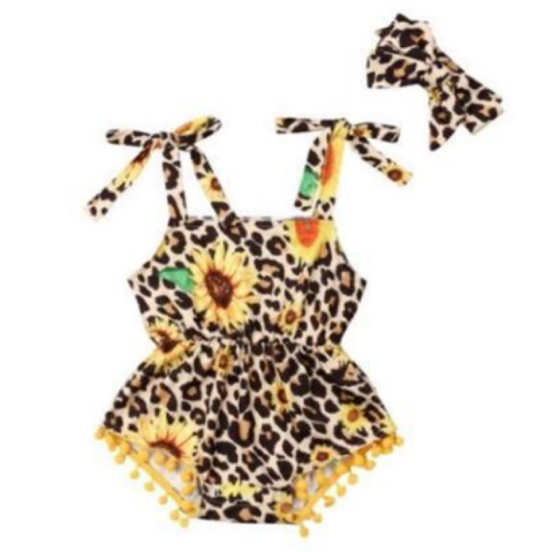 Sunflower Leopard Print Romper with Matching Headband