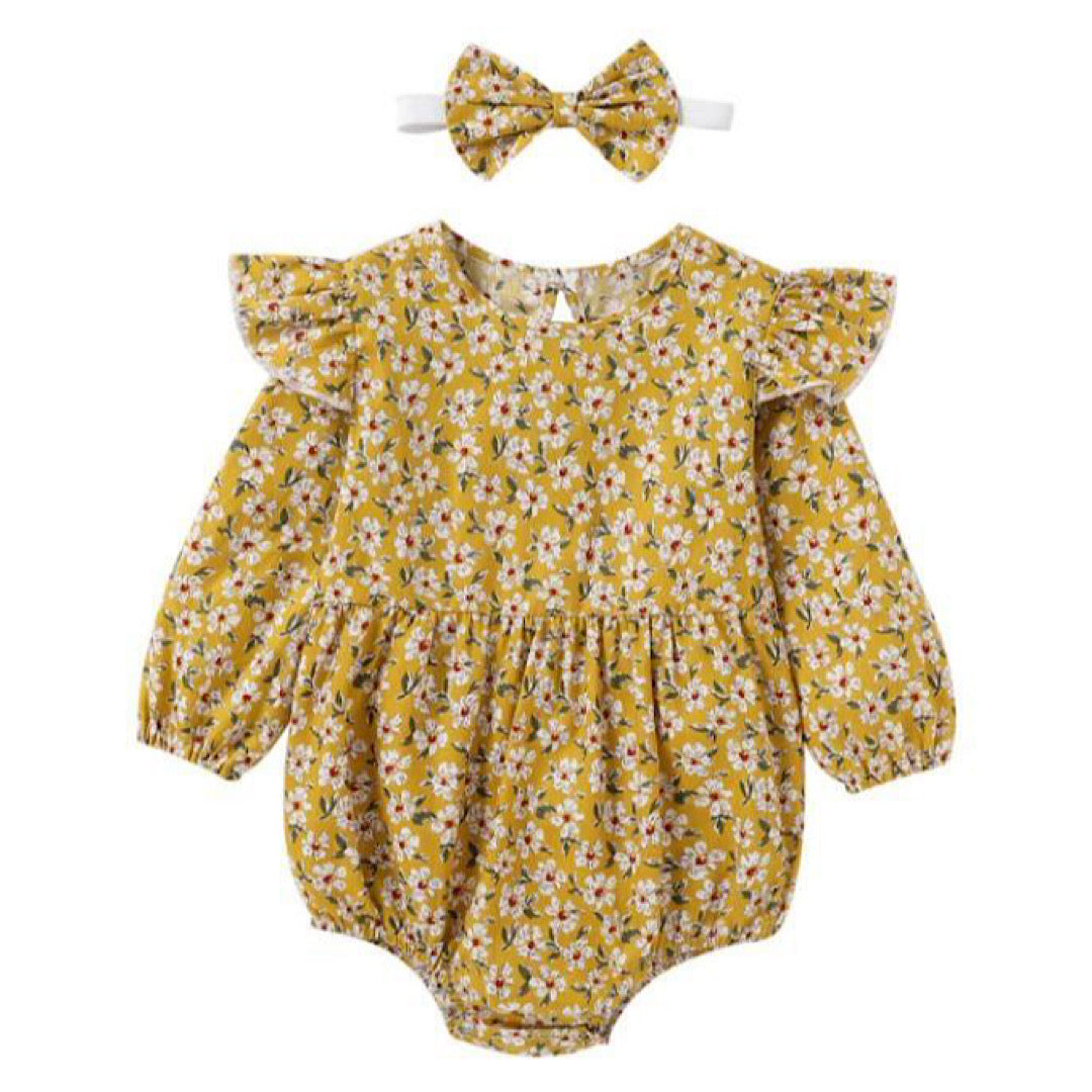 Yellow Adeline Long Sleeve Romper + Headband