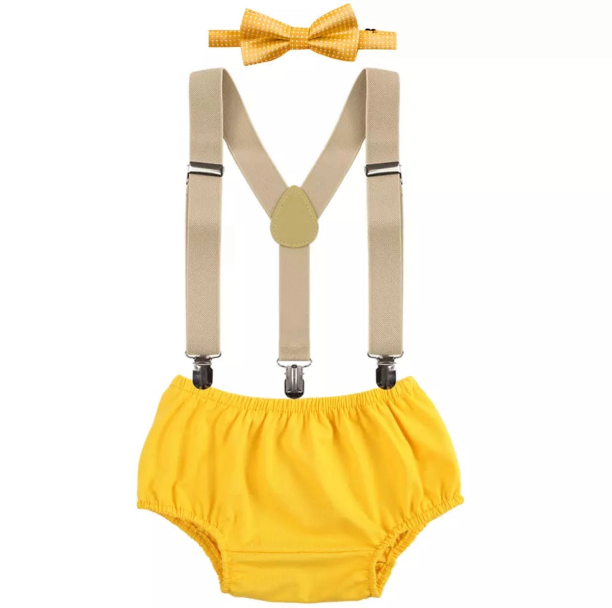 Golden Yellow Suspenders, Shorts & Bowtie Set - Lullaby Lane Designs