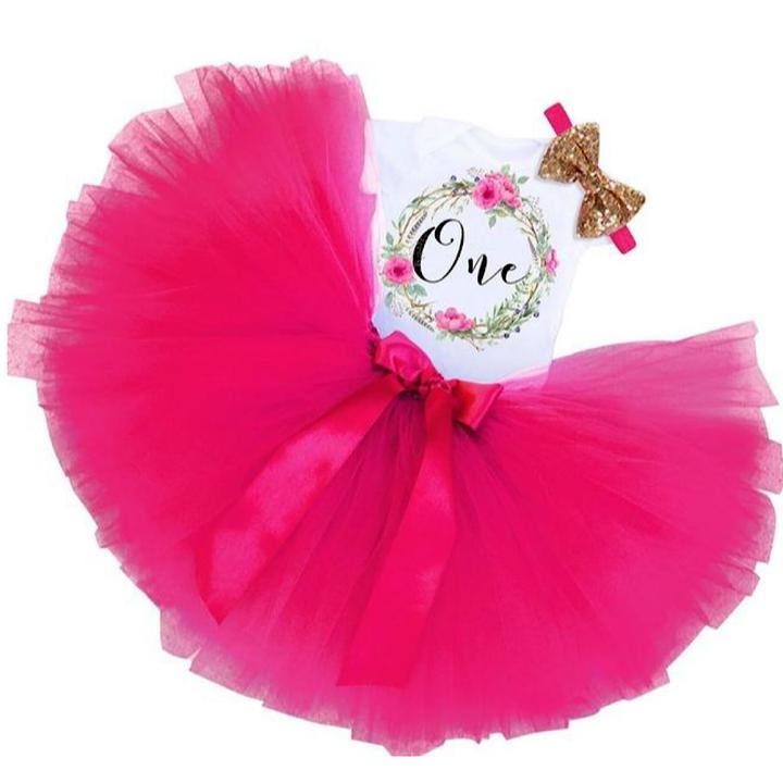 Pink ONE Birthday Bodysuit + Skirt - No Headband