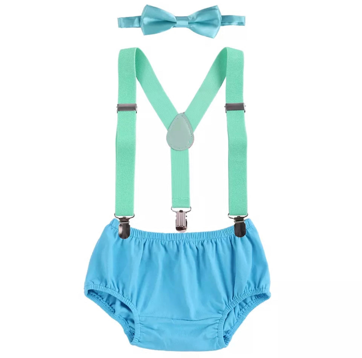 Sky Blue Suspenders, Shorts & Bowtie Set - Lullaby Lane Designs