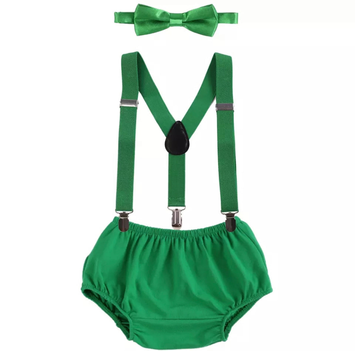 Green Suspenders, Shorts & Bowtie Set - Lullaby Lane Designs