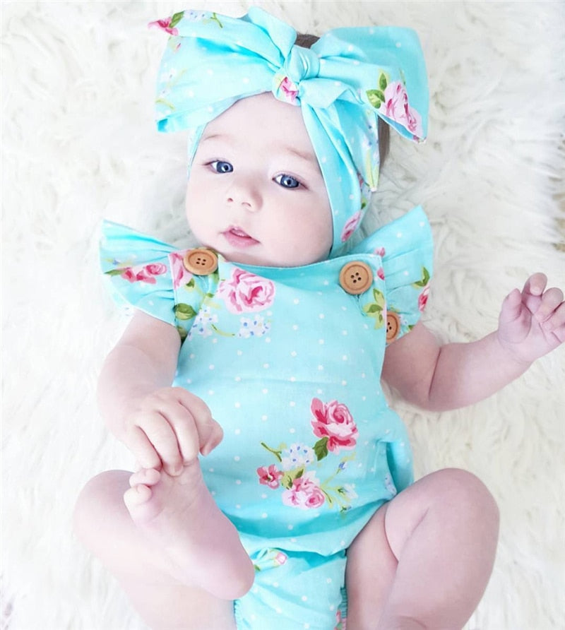 Blue Floral Romper + Headband