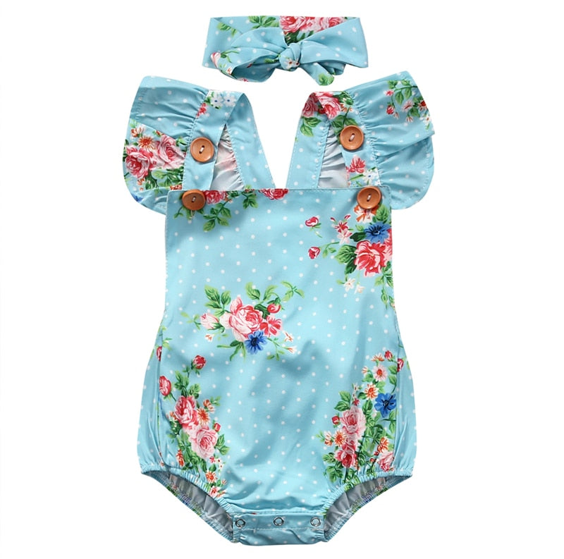 Blue Floral Romper + Headband